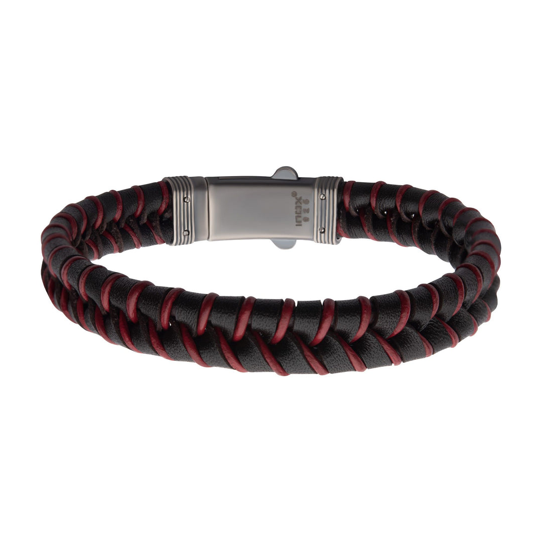 Men’s Brown & Red Braided Leather Bracelet with Sterling Silver Clasp