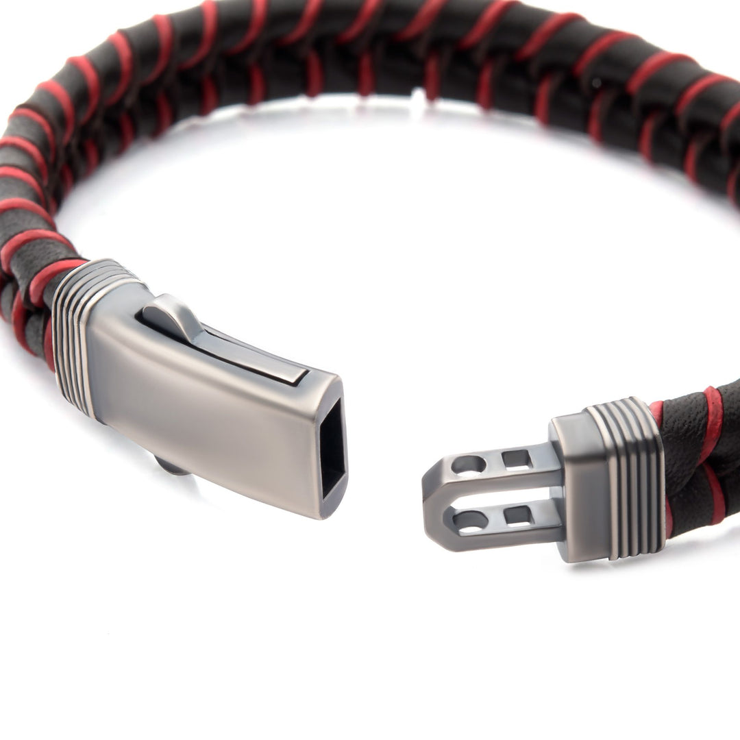 Men’s Brown & Red Braided Leather Bracelet with Sterling Silver Clasp