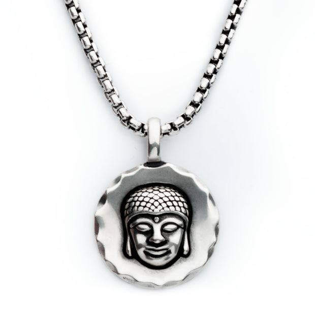 925 Silver Oxidized Buddha Head Pendant with Box Chain