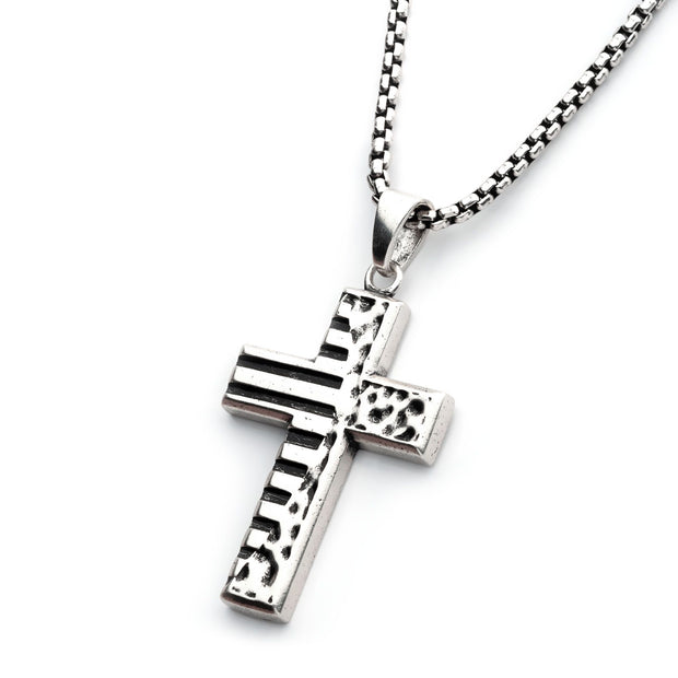 925 Silver Oxidized Coin Stamped Cross Pendant with Box Chain