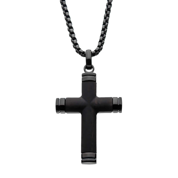 Black Plated Genuine Ebony Wood Inlayed Cross Pendant