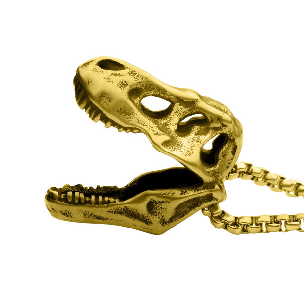 Distressed Matte 18Kt Gold IP T-Rex Skull Pendant with Chain