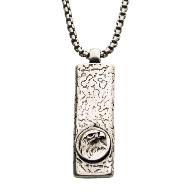 Men's stainless steel and silver plated dog tag pendant with eagle head inlay