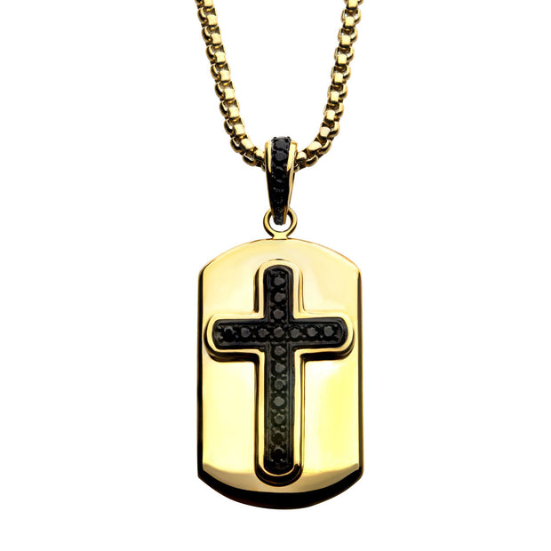 Men's Black Plated Cross with Black CZ Inlay and 18K Gold