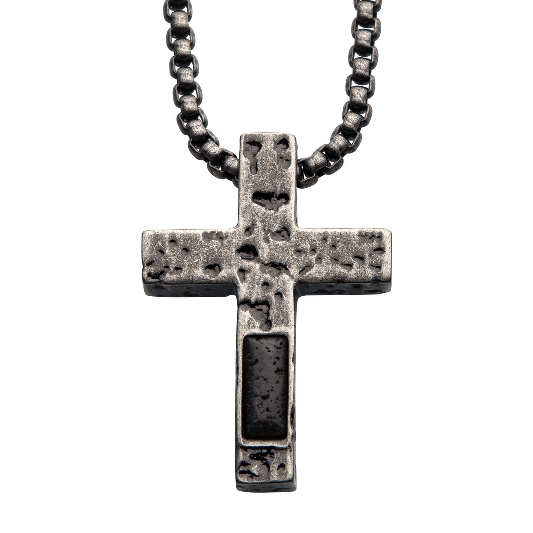 Men's Silver Plated Cross Pendant with Lava Stone Pendant