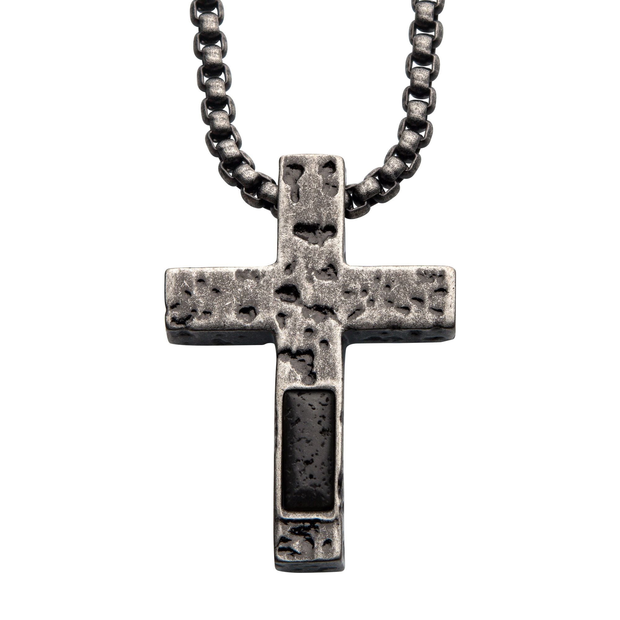 Men's Silver Plated Cross Pendant with Lava Stone Pendant