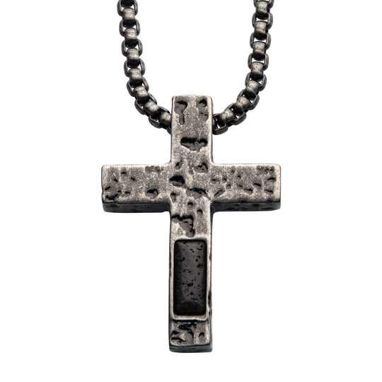 Men's Silver Plated Cross Pendant with Lava Stone Pendant