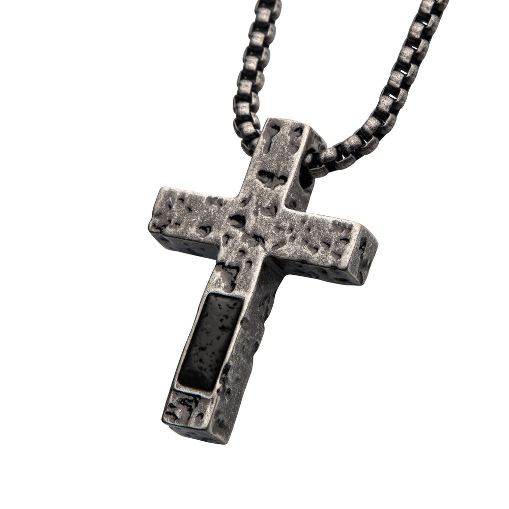 Men's Silver Plated Cross Pendant with Lava Stone Pendant
