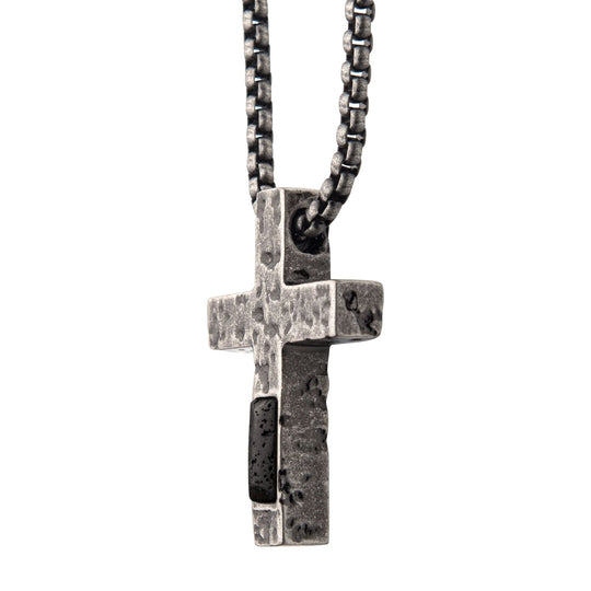 Men's Silver Plated Cross Pendant with Lava Stone Pendant