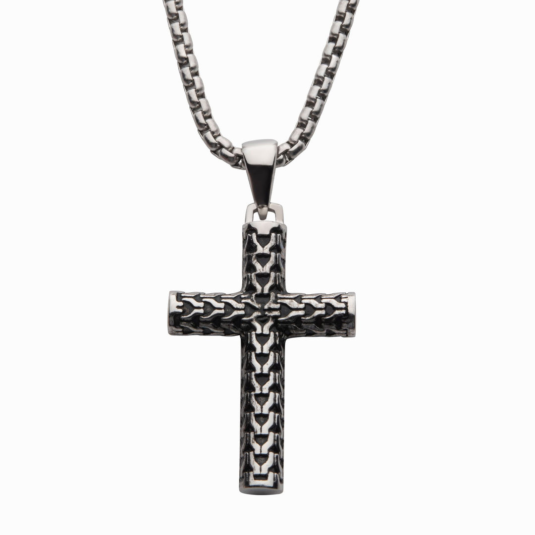 Men's Steel Scale Cross Drop Pendant with Bold Box Chain