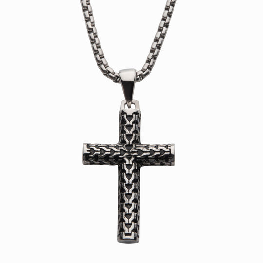 Men's Steel Scale Cross Drop Pendant with Bold Box Chain