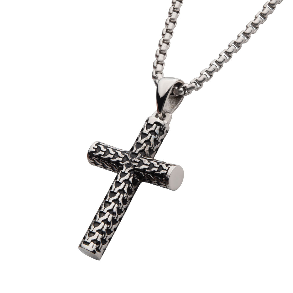 Men's Steel Scale Cross Drop Pendant with Bold Box Chain