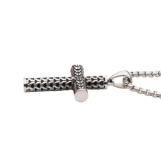 Men's Steel Scale Cross Drop Pendant with Bold Box Chain