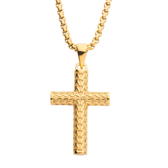 Men's Polished 18K Gold IP Scale Cross Drop Pendant with Bold Box Chain