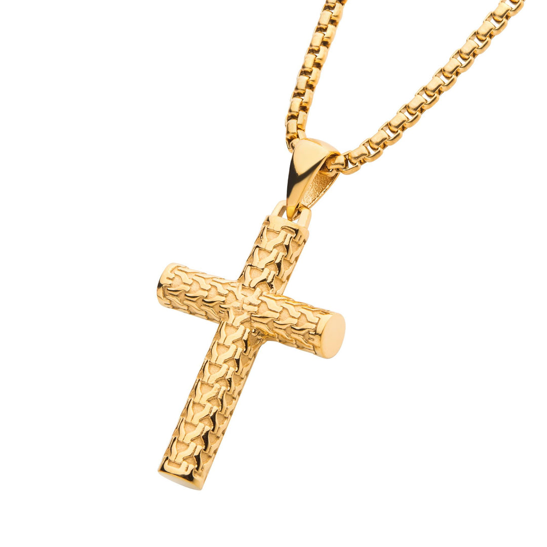Men's Polished 18K Gold IP Scale Cross Drop Pendant with Bold Box Chain