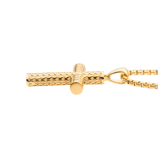 Men's Polished 18K Gold IP Scale Cross Drop Pendant with Bold Box Chain