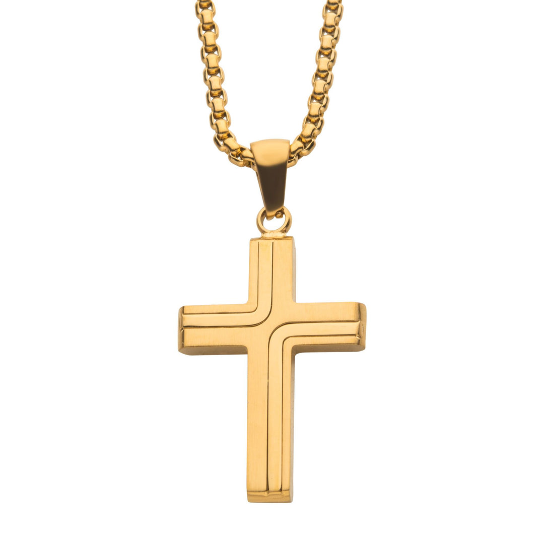 Men’s 18K Gold IP Cross Necklace – 22" Box Chain