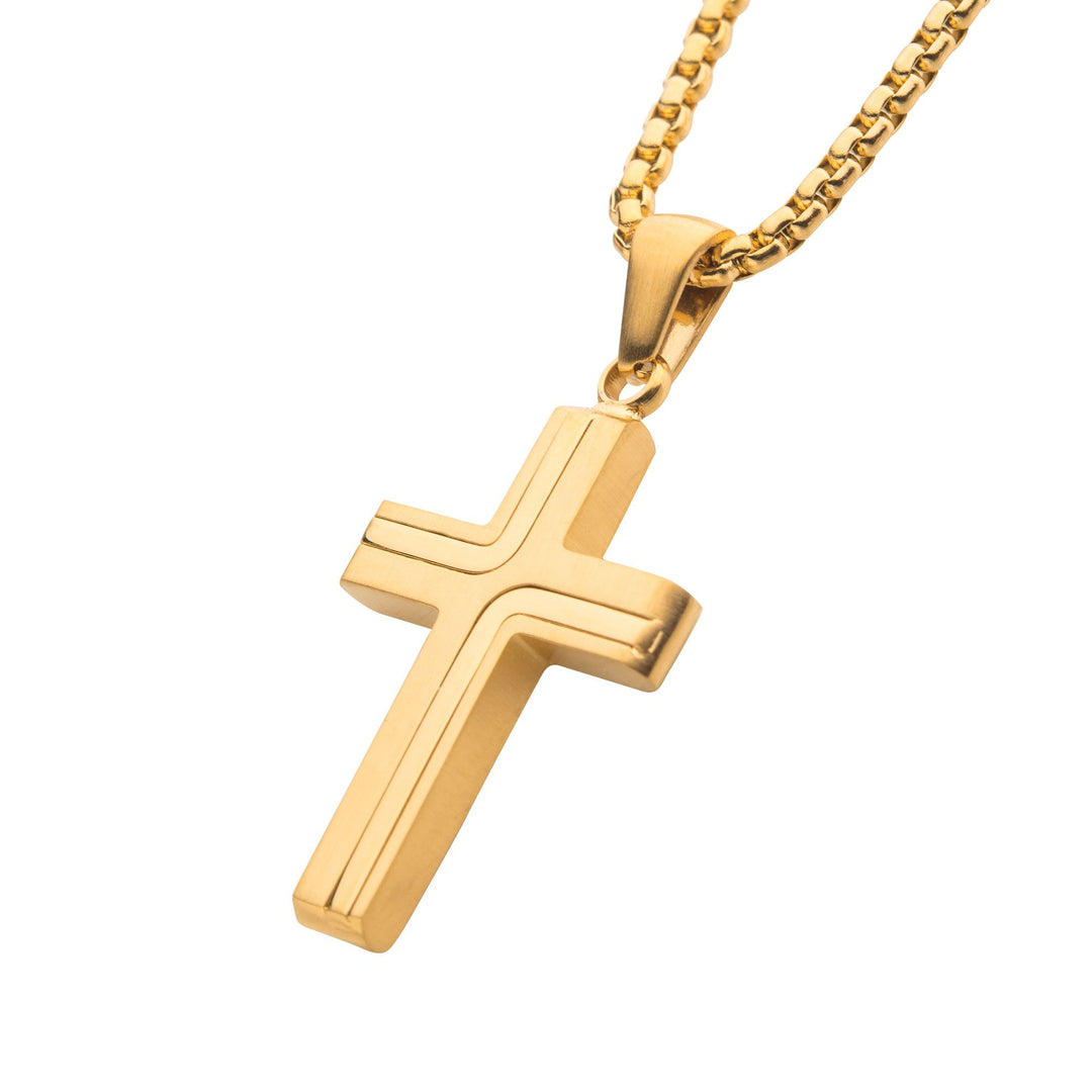 Men’s 18K Gold IP Cross Necklace – 22" Box Chain