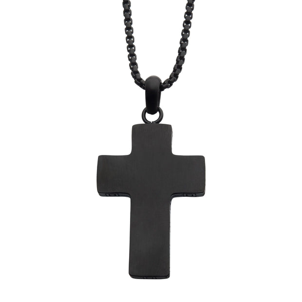 Black IP Engravable Cross Pendant with Round Box Chain