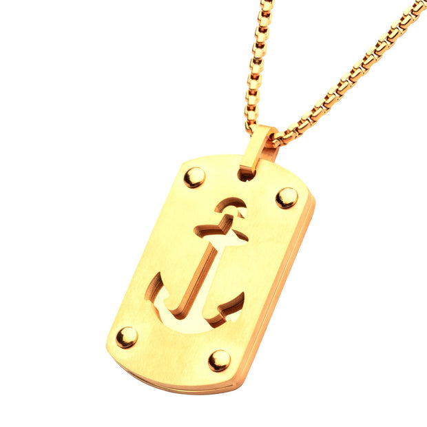 18K Gold IP Etched Anchor Dog Tag Pendant with Box Chain