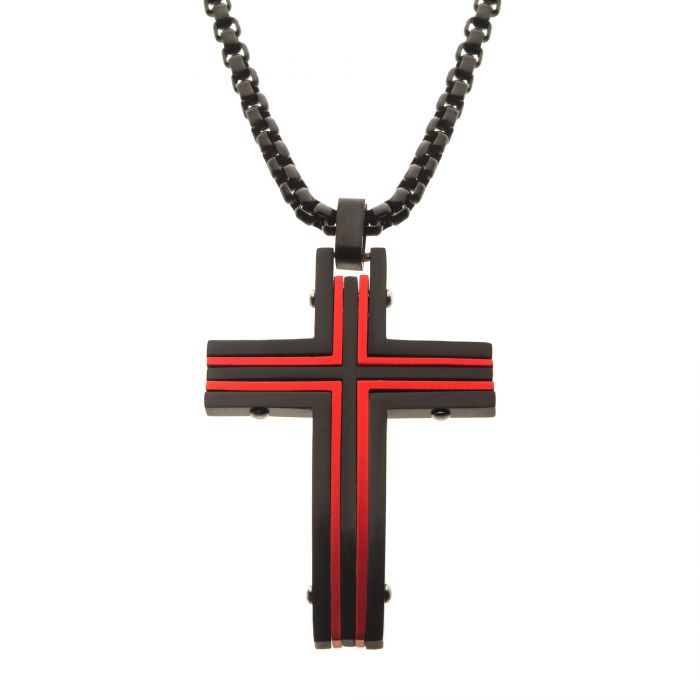 Men's Stainless Steel Black & Red Plated Dante Cross Pendant 