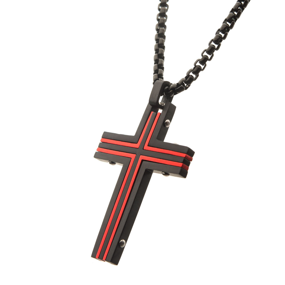Men's Stainless Steel Black & Red Plated Dante Cross Pendant 