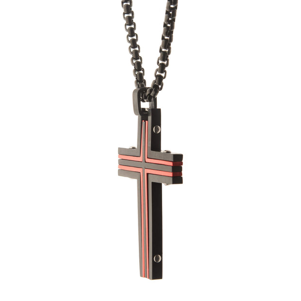 Men's Stainless Steel Black & Red Plated Dante Cross Pendant 