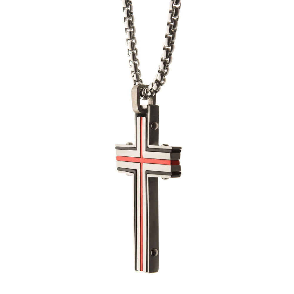 Men's steel and red plated cross pendant with chain