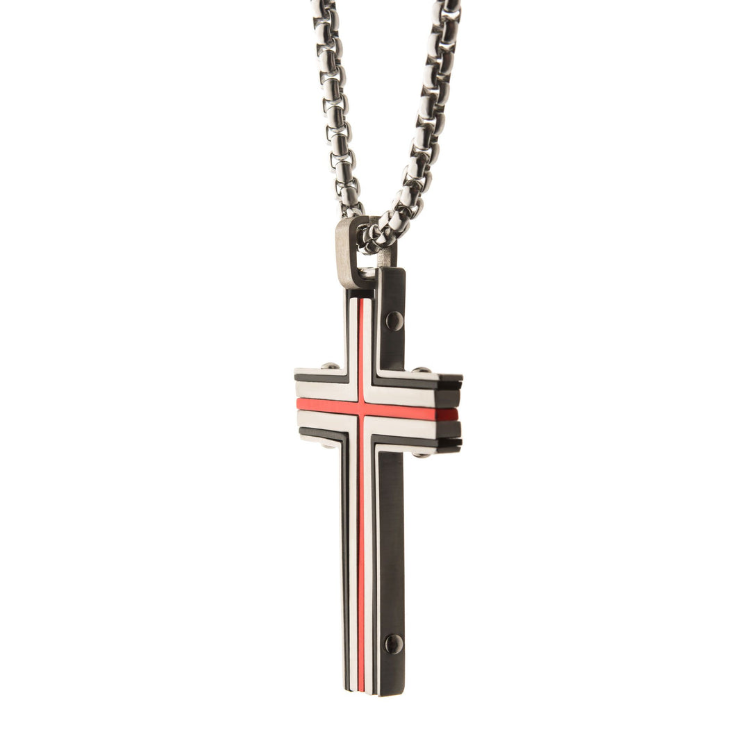 Men's steel and red plated cross pendant with chain