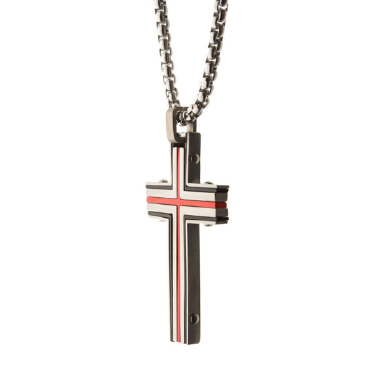 Men's steel and red plated cross pendant with chain