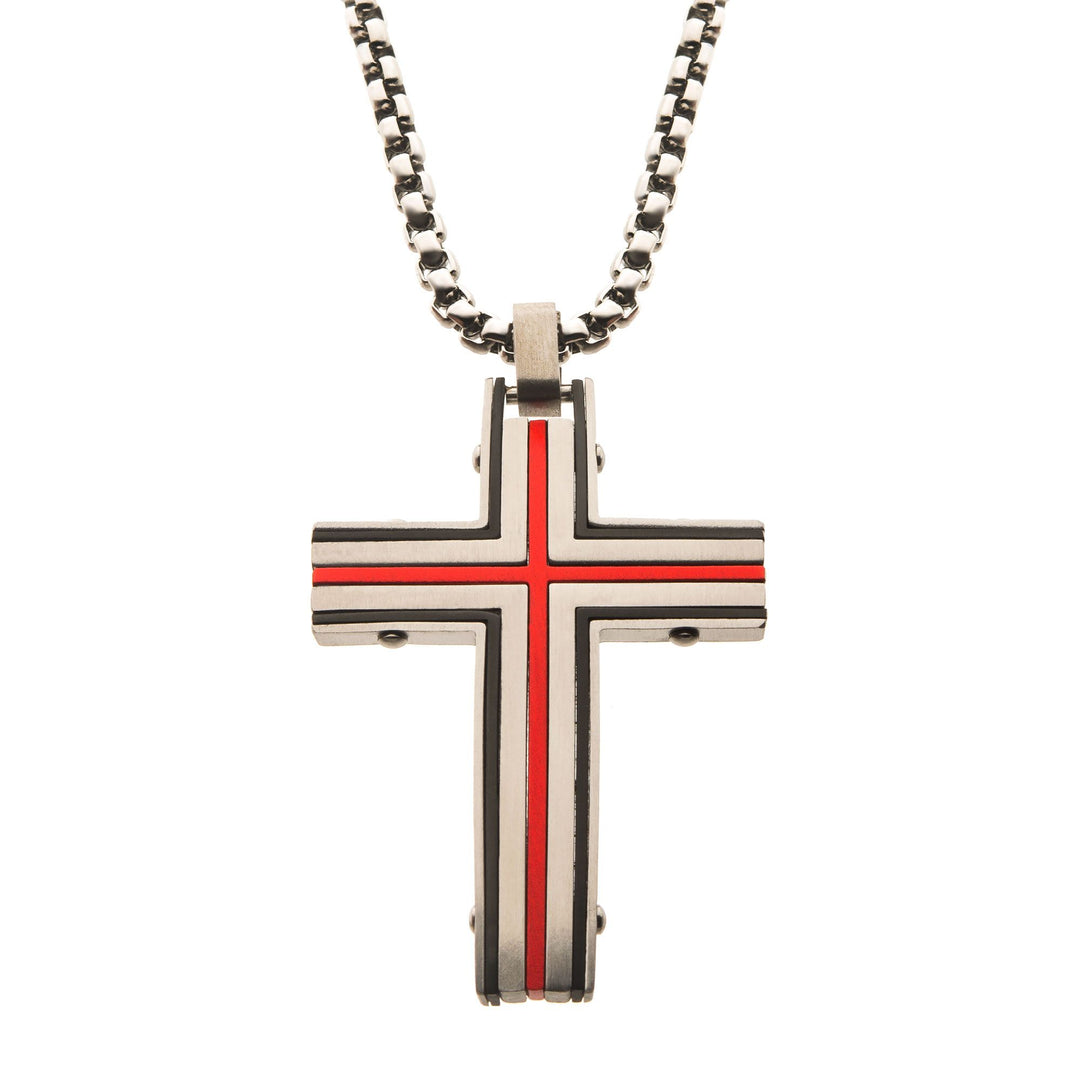 Men's steel and red plated cross pendant with chain