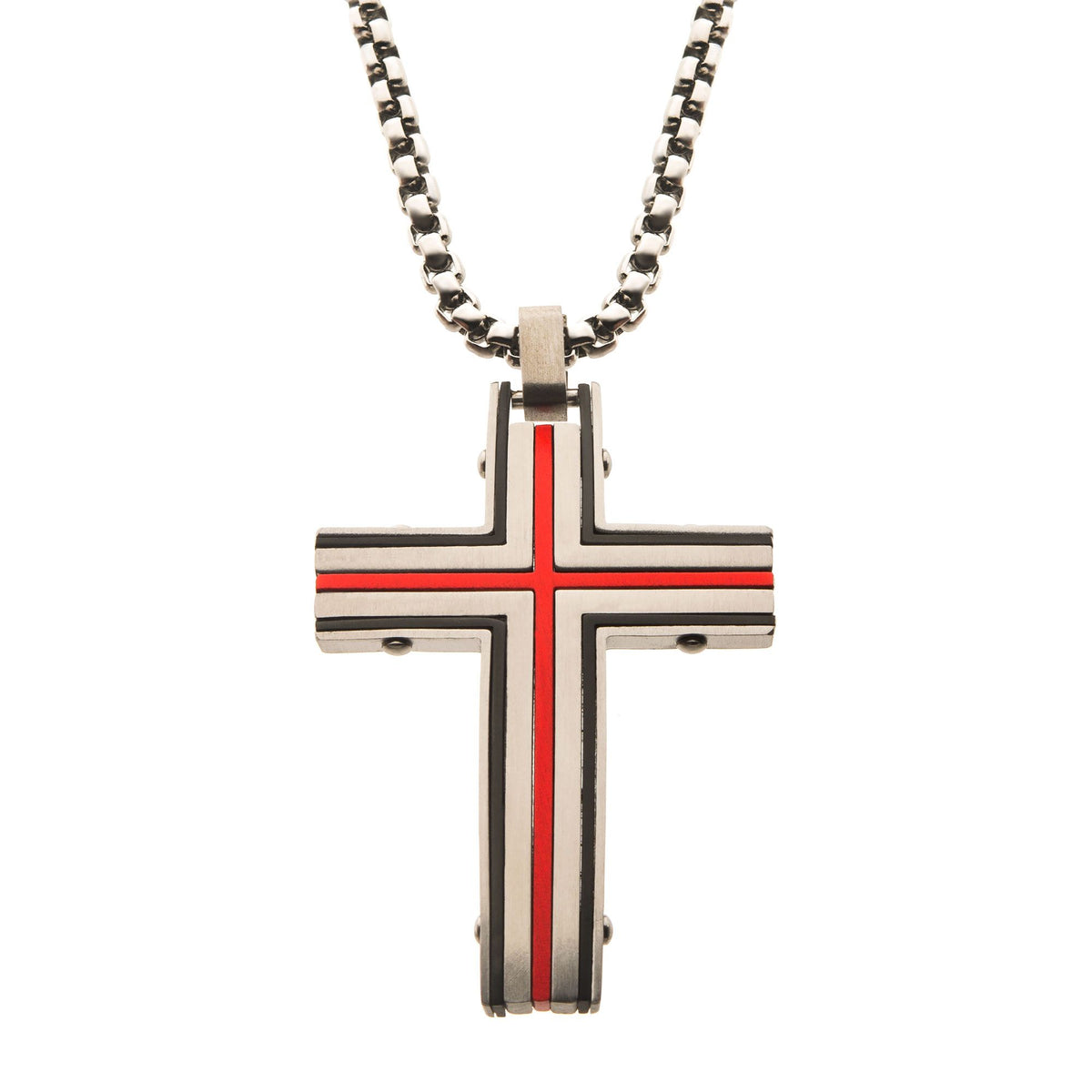 Men's steel and red plated cross pendant with chain