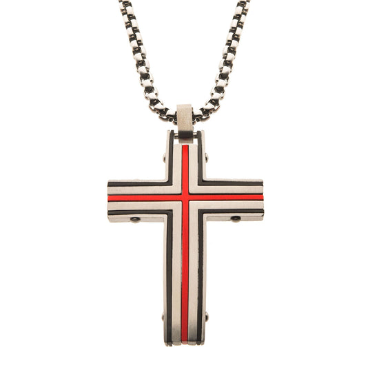 Men's steel and red plated cross pendant with chain