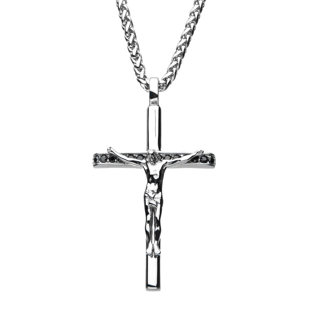 Men's Cross Pendant with Black CZ Jesus Christ Crucifix 