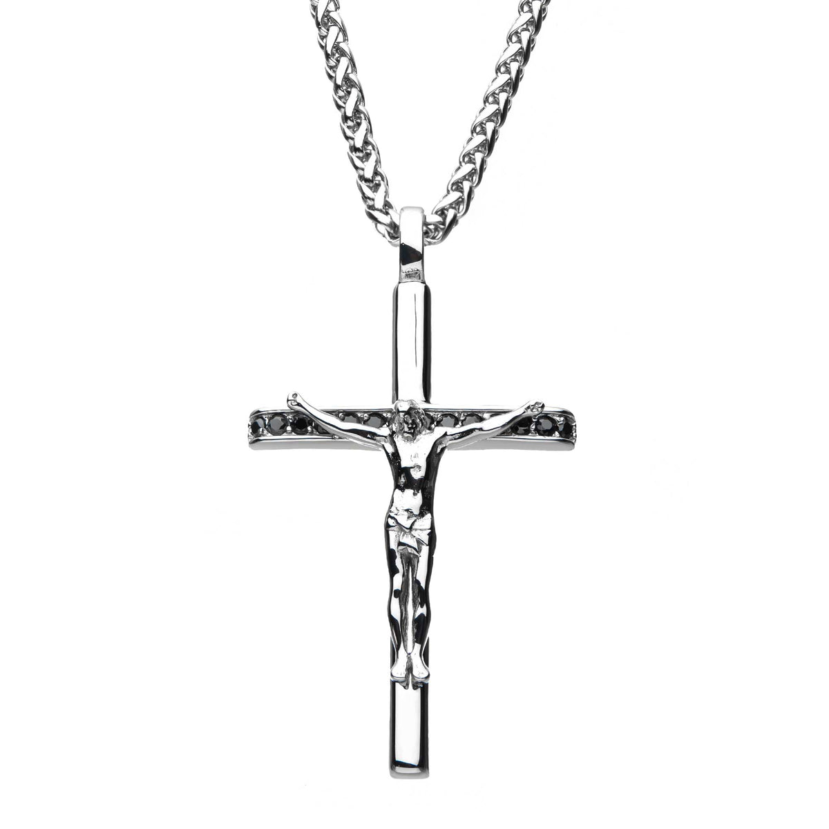 Men's Cross Pendant with Black CZ Jesus Christ Crucifix 