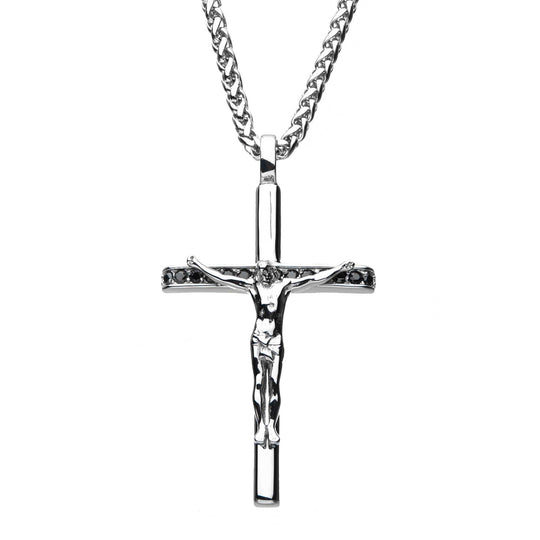Men's Cross Pendant with Black CZ Jesus Christ Crucifix 