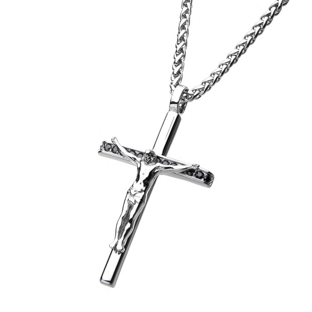 Men's Cross Pendant with Black CZ Jesus Christ Crucifix 