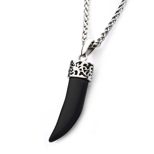Men's Stainless Steel with Black Agate Stone Horn Pendant