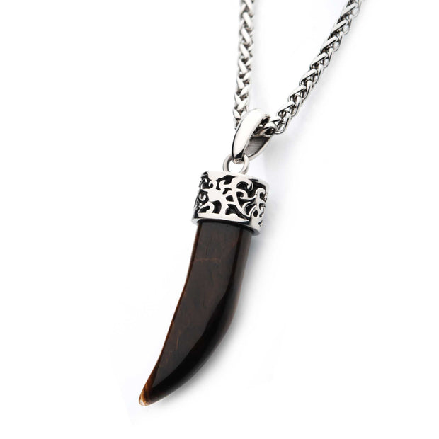 Men's Stainless Steel with Tiger Eye Stone Horn Pendant