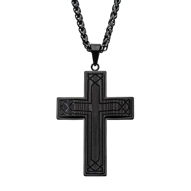 Stainless Steel Black Carbon Fiber Carved Cross Pendant 