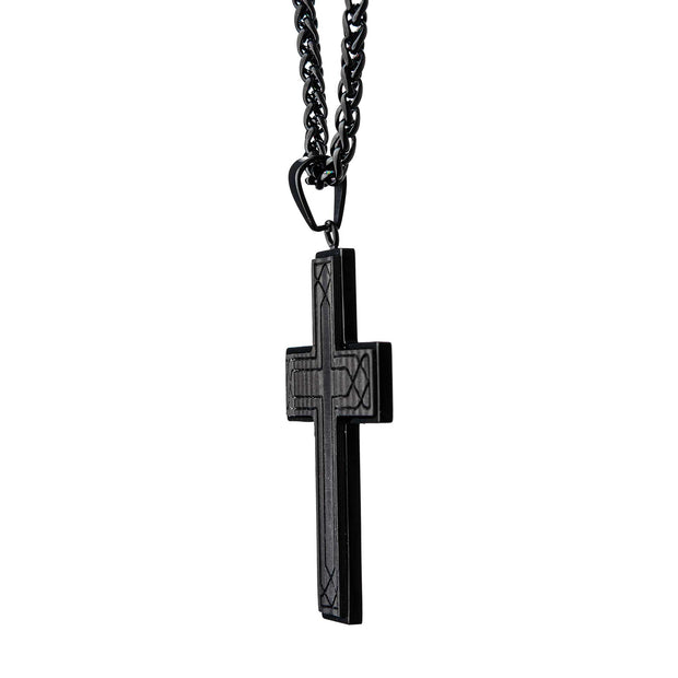 Stainless Steel Black Carbon Fiber Carved Cross Pendant 