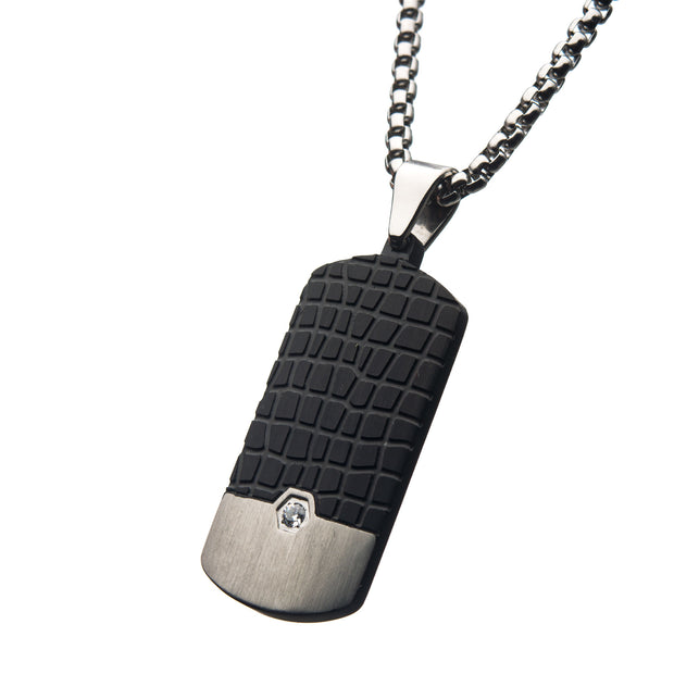 Stainless Steel Crocodile Dog Tag Pendant with Clear CZ