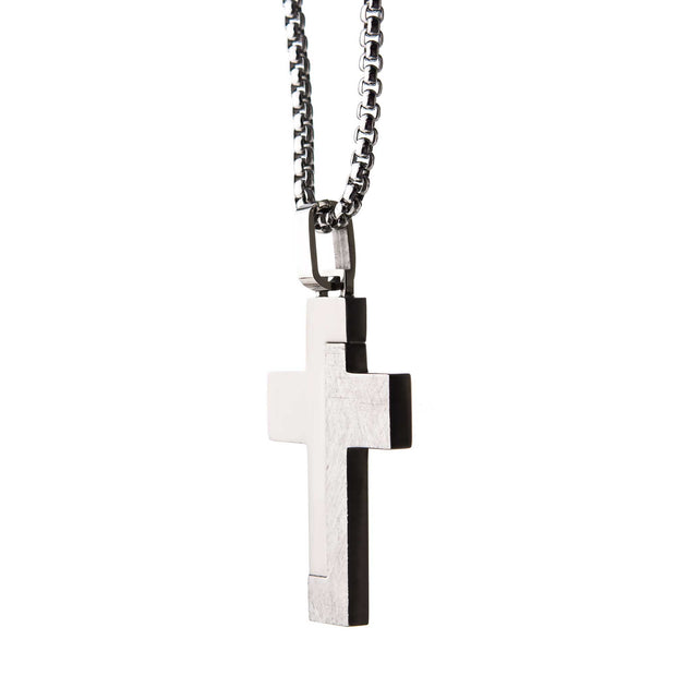 Modern Block-Textured Stainless Steel Cross Pendant