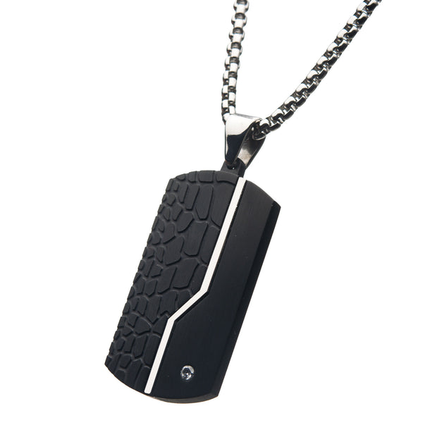 Men's Thin Line Crocodile Dog Tag Pendant with Clear CZ