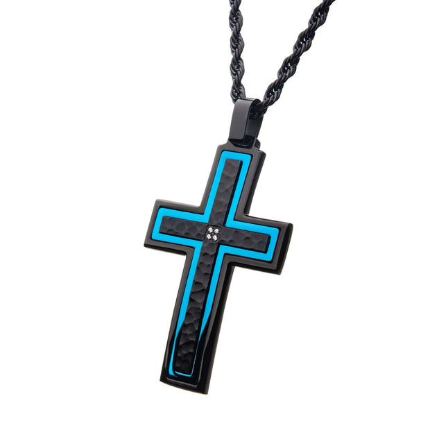 Hammered Blue Line Cross with CZ Stainless Steel Pendant