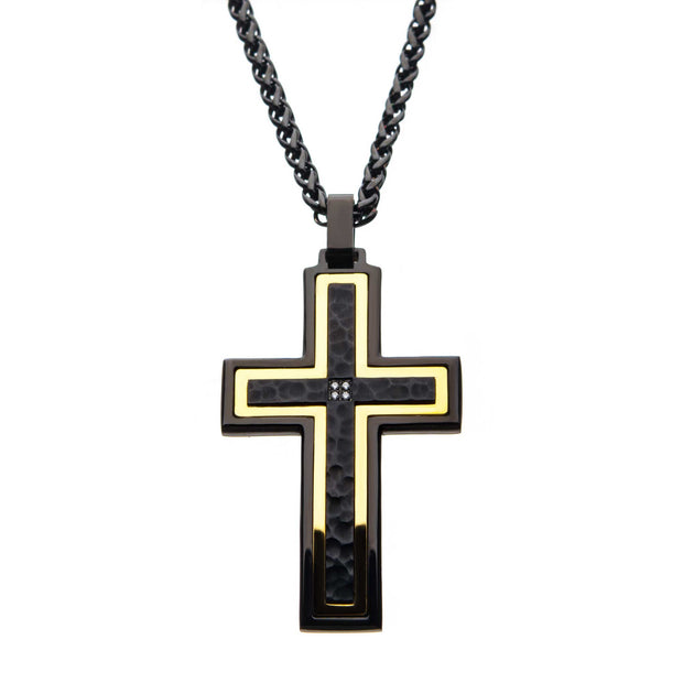 Men's Hammered Black, Gold Plated Cross Pendant with CZ 