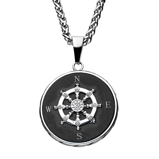 Men's stainless steel black plated ship's wheel compass pendant