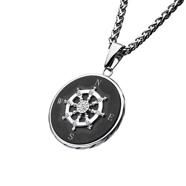 Men's stainless steel black plated ship's wheel compass pendant