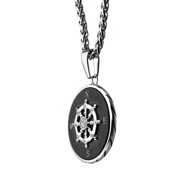 Men's stainless steel black plated ship's wheel compass pendant