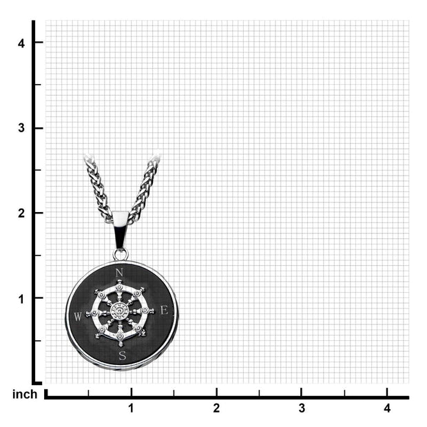 Men's stainless steel black plated ship's wheel compass pendant